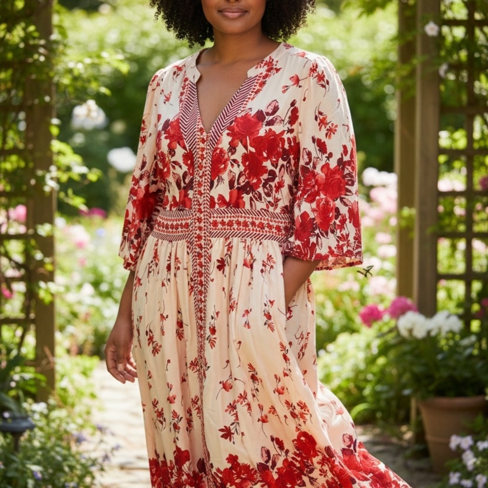 BloomChic Red and Cream Floral Midi Dress